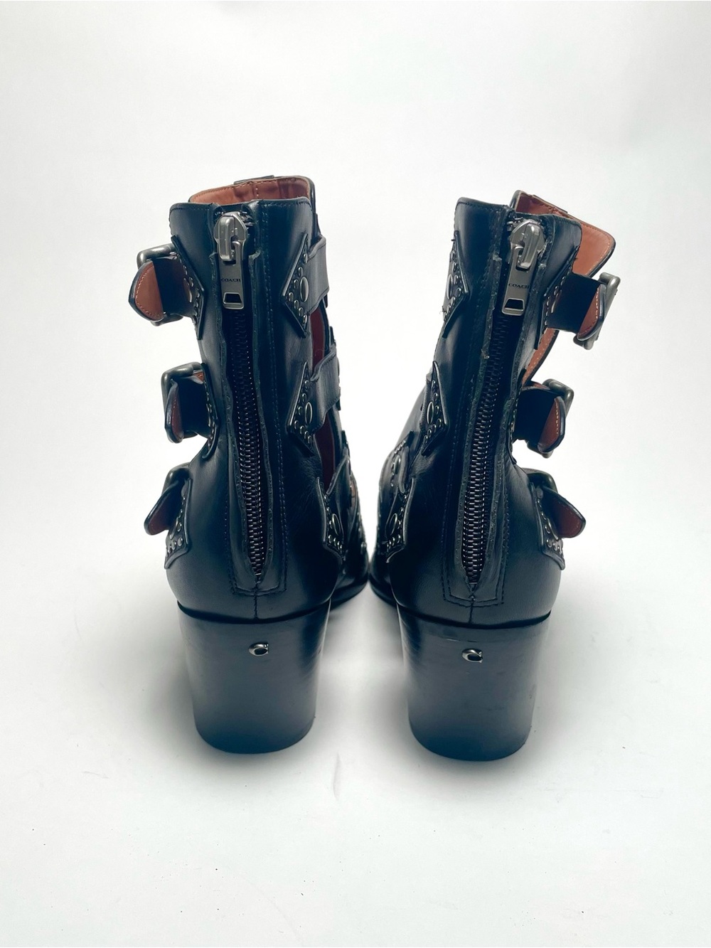 COACH Phoebe Black Leather Studded Cut-Out Ankle Boots Buckle Booties Size 7B - Picture 3 of 11